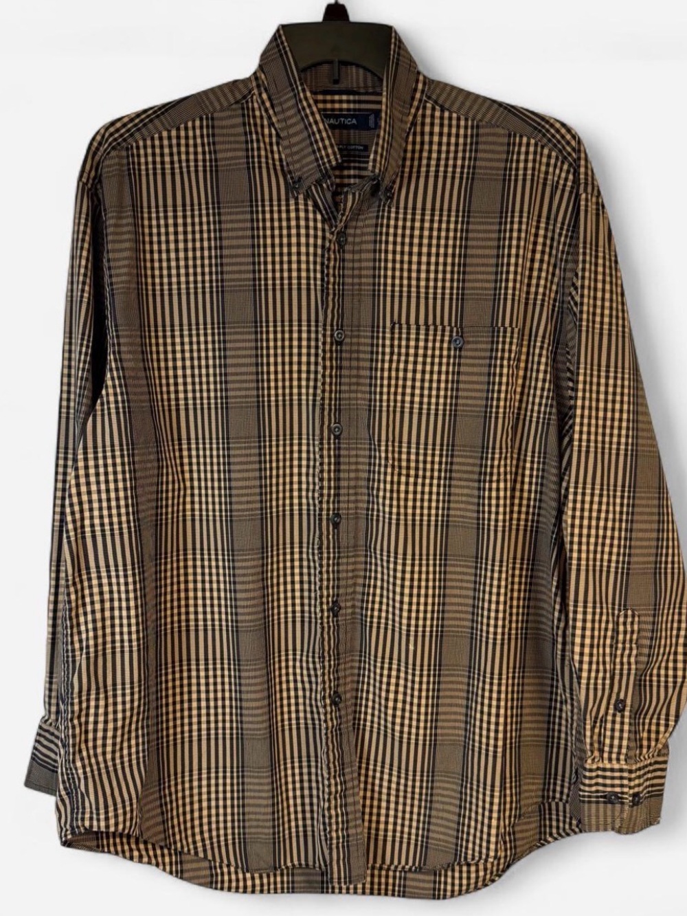 Nautica Men's Brown & Black Plaid Long-Sleeve Button Shirt size L